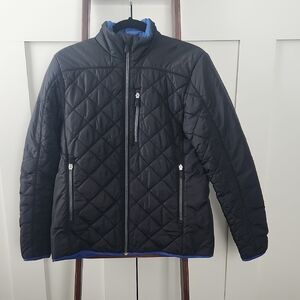 Lands' End Women's Black Puffer Jacket with Blue Accents